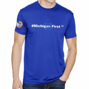 #Michigan First™ w/tribute to Michigan's 187 yrs., of Statehood on Right Sleeve - Royal Blue Shirt