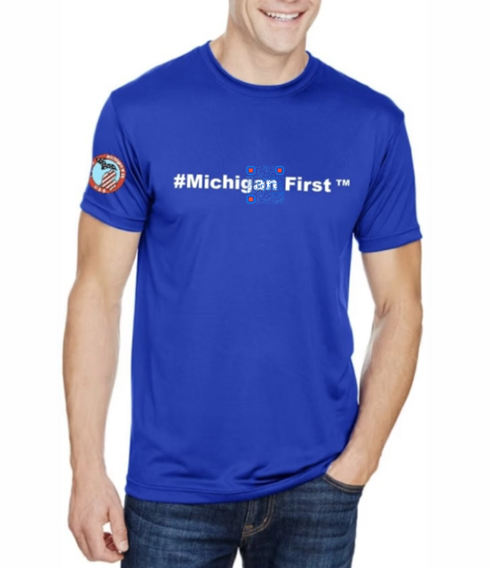 #Michigan First™ w/tribute to Michigan's 187 yrs., of Statehood on Right Sleeve - Royal Blue Shirt